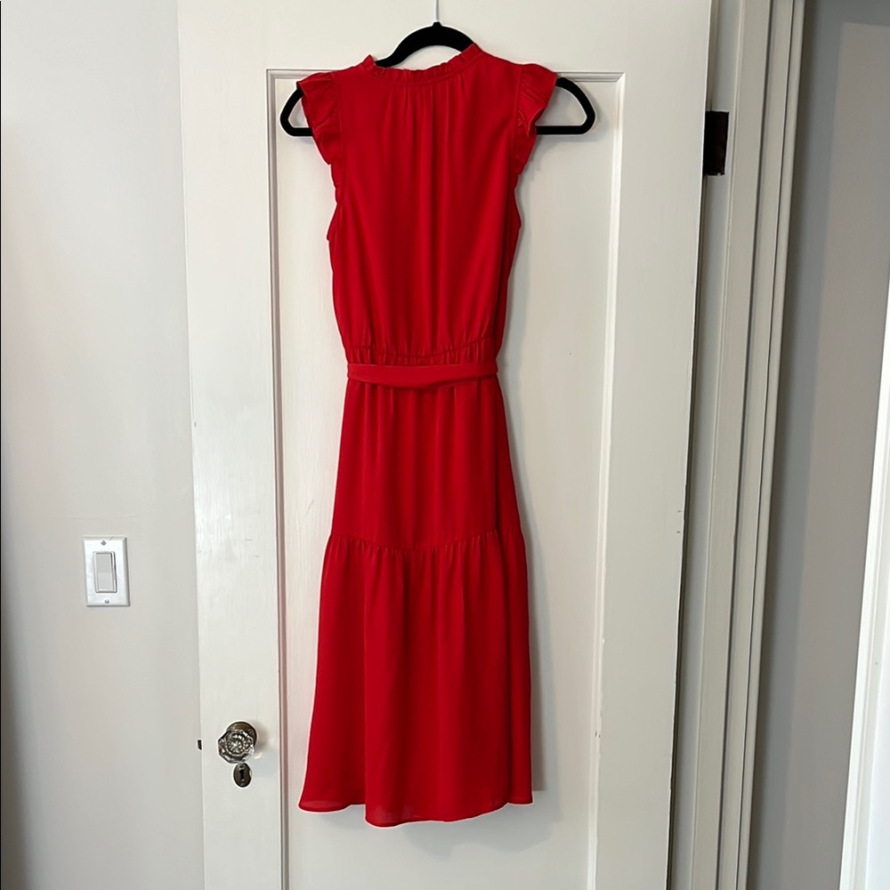 Ann Taylor Tomato Red Buttoned Tie Front Sundress with Ruffles and Tie Waist - Picture 4 of 5
